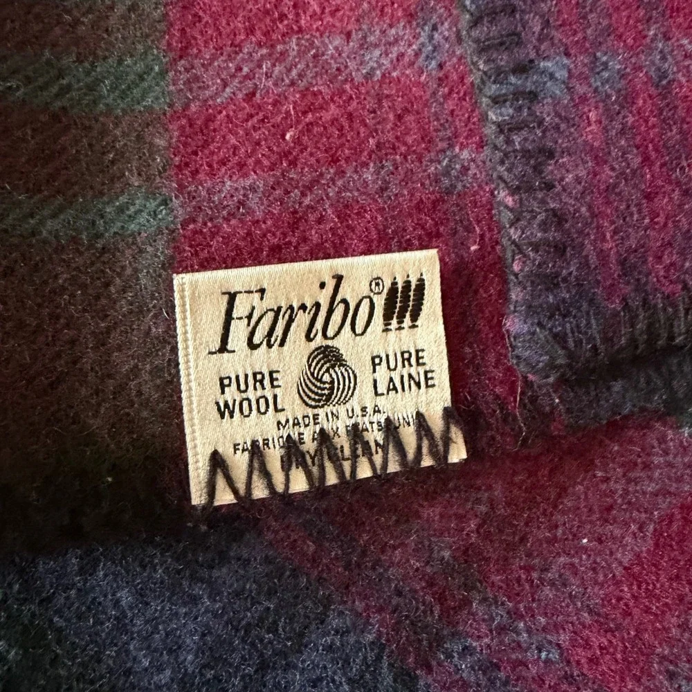 Faribo Pure Wool Blanket Full Queen Plaid Burgundy Green Vintage Made in USA